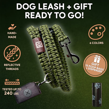 Handcrafted 51 inches Reflective Dog Leash + Free Dispenser & 15 Waste Bags